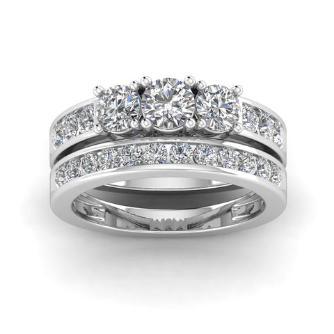 1.50 Carat TW Round Natural Diamond Three Stone Bridal Set Engagement Ring in 10k White Gold