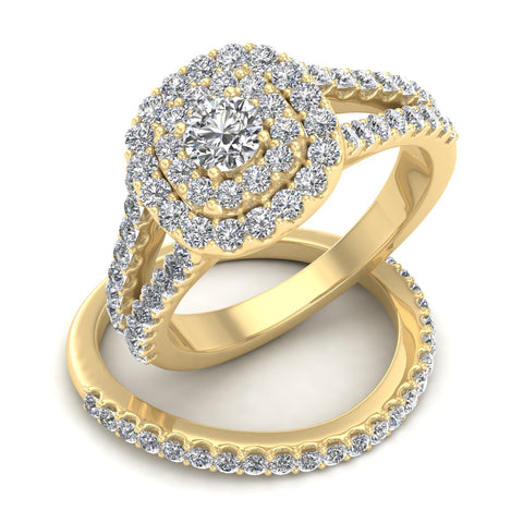 1 1/10 Carat TW Cushion Halo Diamond Engagement Wedding Ring Bridal Set in 10k Yellow Gold