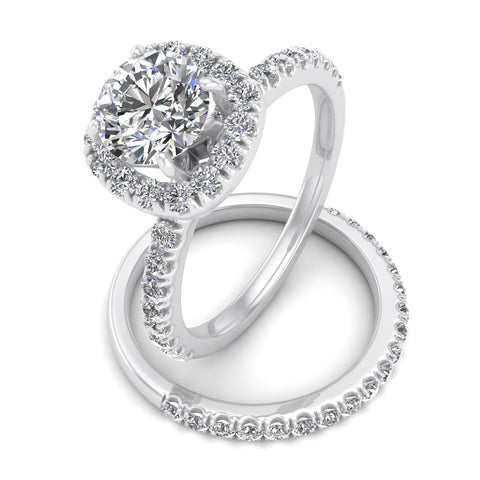 1.00ctw Diamond Halo Bridal Set Engagement Ring in 14k  White Gold