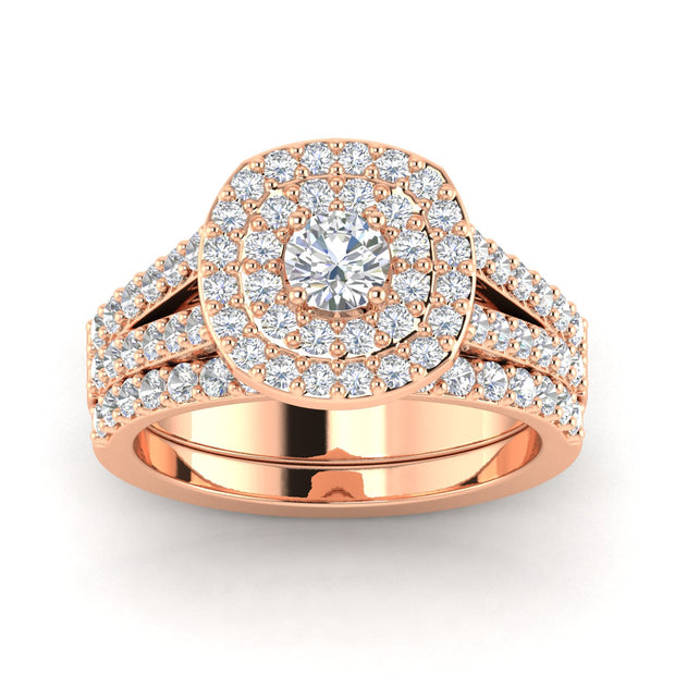 2.00ct Cushion Halo Diamond Engagement Wedding Ring Set 10K Rose Gold