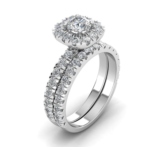 Certified 2.00 Carat TW Diamond Halo Engagement Ring Bridal Set in 14k White Gold