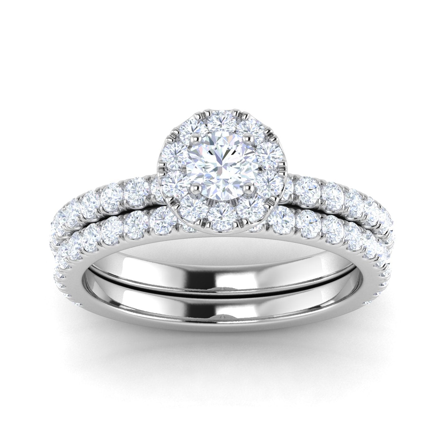 Round Diamond Halo Engagement Ring, .90 Carat Center, 14K White Gold