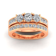 1.50 Carat TW Round Natural Diamond Three Stone Bridal Set Engagement Ring in 10k Rose Gold
