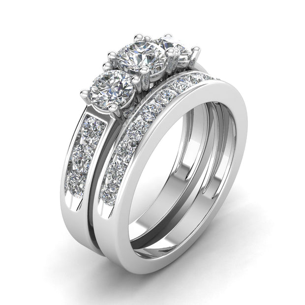 2.00 Carat TW Round Natural Diamond Three Stone Bridal Set Engagement Ring in 10k White Gold
