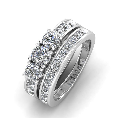 2.00 Carat TW Round Natural Diamond Three Stone Bridal Set Engagement Ring in 10k White Gold