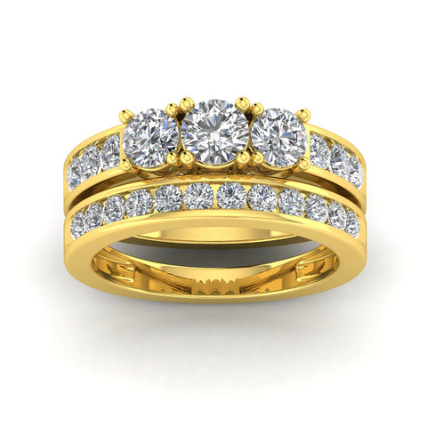 1.50 Carat TW Round Natural Diamond Three Stone Bridal Set Engagement Ring in 10k Yellow Gold