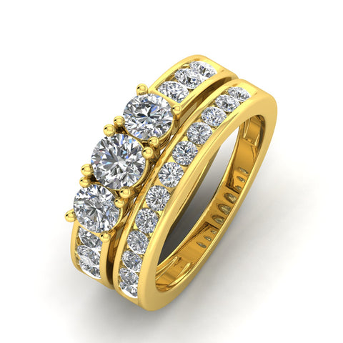 2.00 Carat TW Round Natural Diamond Three Stone Bridal Set Engagement Ring in 10k Yellow Gold
