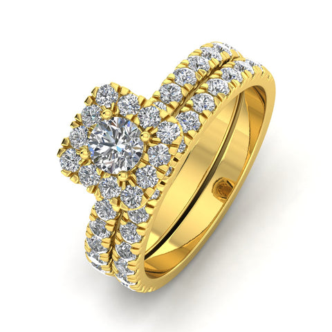 (F/SI) 1.50ctw Diamond Halo Engagement Ring Bridal Set in 10k Yellow Gold